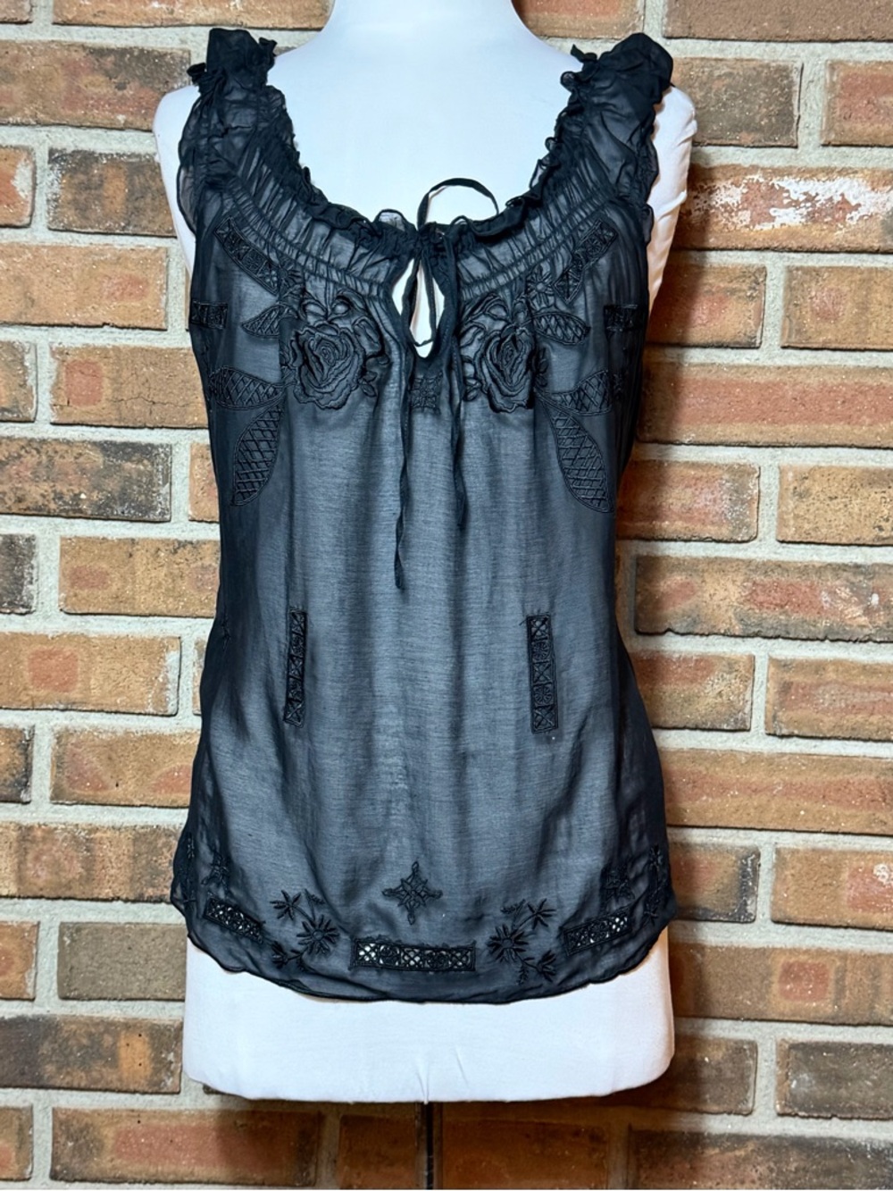 White House Black Market Black Sheer Embroidered Blouse Top Size L